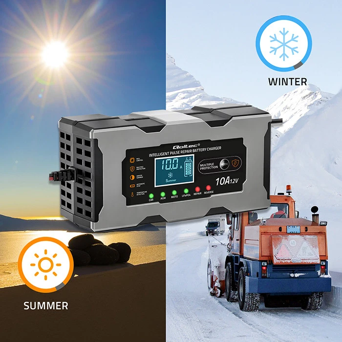 Qoltec Inteligentna mikroprocesorinis kroviklis 12V 10A | Prostownik su funkcija naprawy do akumulatora AGM GEL LiFePO4