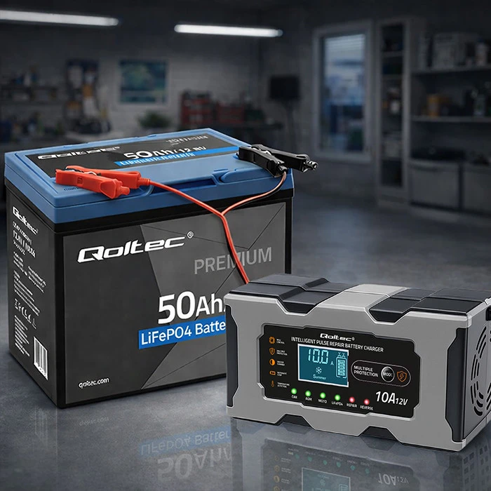Qoltec Inteligentna mikroprocesorinis kroviklis 12V 10A | Prostownik su funkcija naprawy do akumulatora AGM GEL LiFePO4