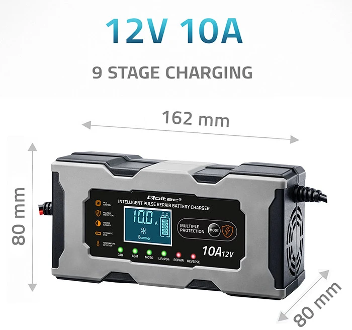 Qoltec Inteligentna mikroprocesorinis kroviklis 12V 10A | Prostownik su funkcija naprawy do akumulatora AGM GEL LiFePO4