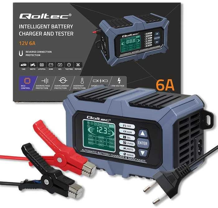 Qoltec Intelektualus mikroprocesorius kroviklis su akumuliatoriaus testeriu ir 12V remonto funkcija | 6A | LCD | AGM LiFePO4 GEL akumuliatoriaus įkroviklis
