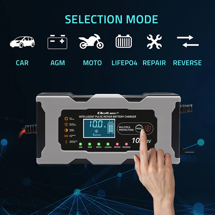 Qoltec Inteligentna mikroprocesorinis kroviklis 12V 10A | Prostownik su funkcija naprawy do akumulatora AGM GEL LiFePO4