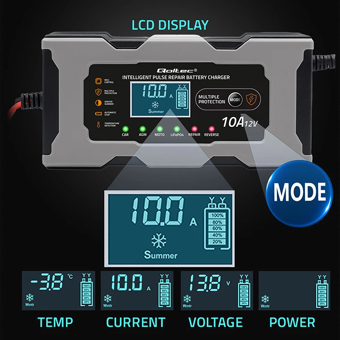 Qoltec Inteligentna mikroprocesorinis kroviklis 12V 10A | Prostownik su funkcija naprawy do akumulatora AGM GEL LiFePO4