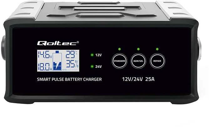 Qoltec 52514 Įkroviklis 12V 24V 25A | Lygintuvas su remonto funkcija AGM GEL SLA akumuliatoriui | LCD ekranas