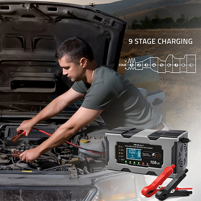 Qoltec Inteligentna mikroprocesorinis kroviklis 12V 10A | Prostownik su funkcija naprawy do akumulatora AGM GEL LiFePO4