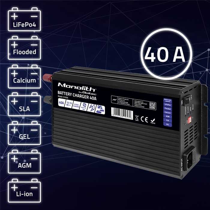 Akumuliatorius QOLTEC 51956 išmanusis „Monolith“ įkroviklis LiFePO4 AGM GEL SLA akumuliatoriams / 40A / 12V