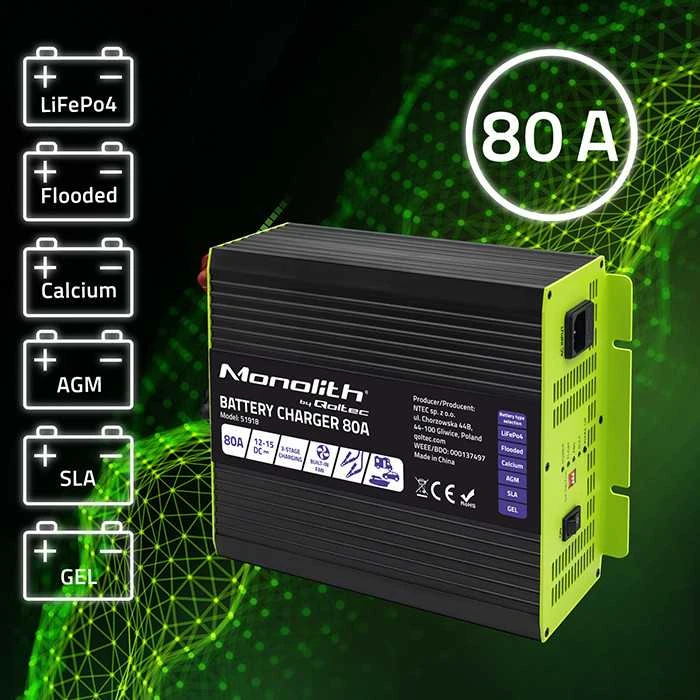 "Qoltec" pažangus profesionalus monolitinis akumuliatorių įkroviklis LiFePO4 AGM GEL SLA akumuliatoriams | 80A | 12V | greitas įkrovimas