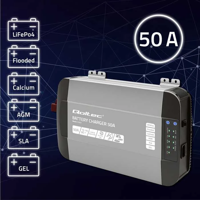 Akumuliatorius Qoltec 51957 Išmanusis „Monolith“ įkroviklis LiFePO4 AGM GEL SLA akumuliatoriams | 50A | 12V