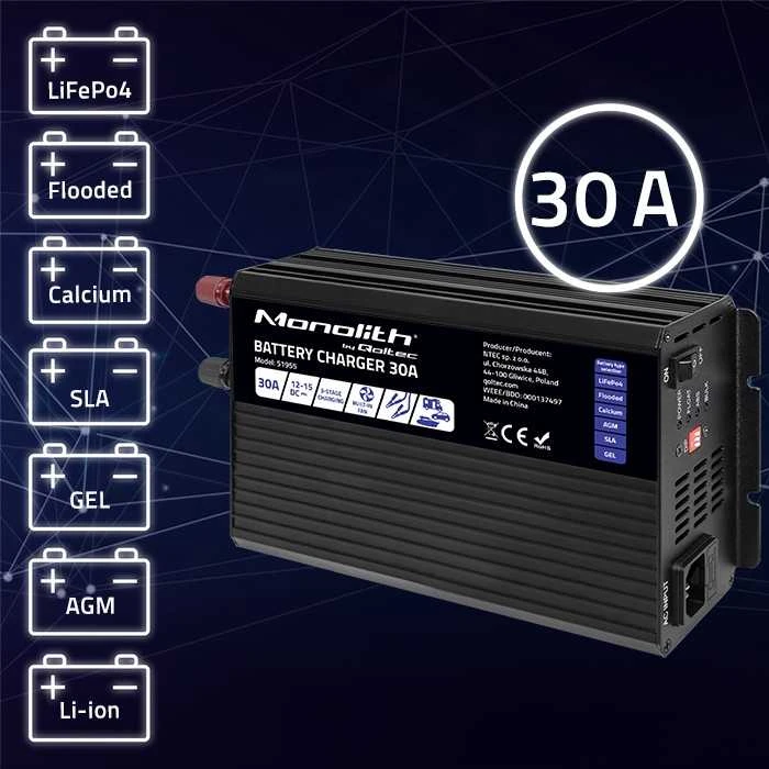 QOLTEC 51955 Smart Monolith įkroviklis LiFePO4 AGM GEL SLA akumuliatoriams / 30A / 12V