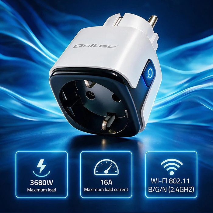 Qoltec Inteligentne gniazdko Wi-Fi 16A | Timer | Watomierz | Tuya | Smart Life | Amazon Alexa | Google assistant