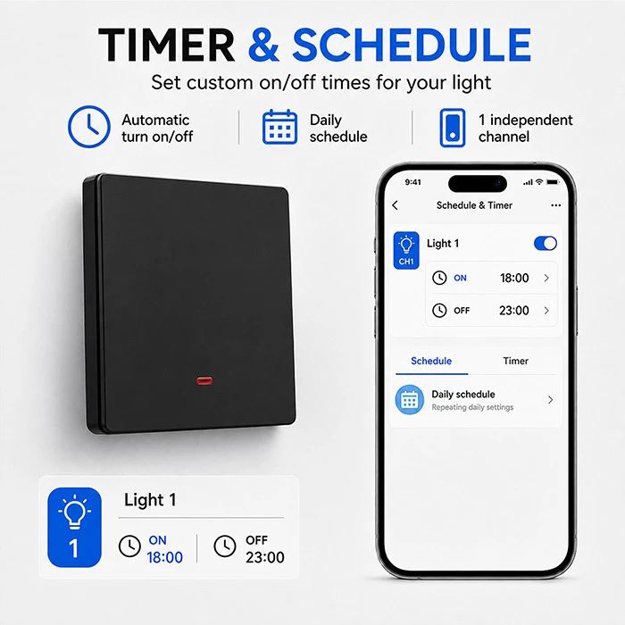 Qoltec Inteligentny 1-kanałowy jungiklis wyłącznik światła | Wi-Fi | Timer | Tuya | Smart life | Juodas