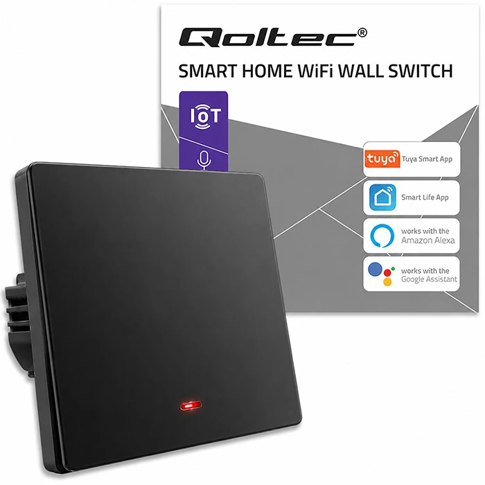 Qoltec Inteligentny 1-kanałowy jungiklis wyłącznik światła | Wi-Fi | Timer | Tuya | Smart life | Juodas