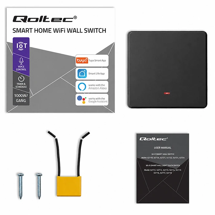 Qoltec Inteligentny 1-kanałowy jungiklis wyłącznik światła | Wi-Fi | Timer | Tuya | Smart life | Juodas