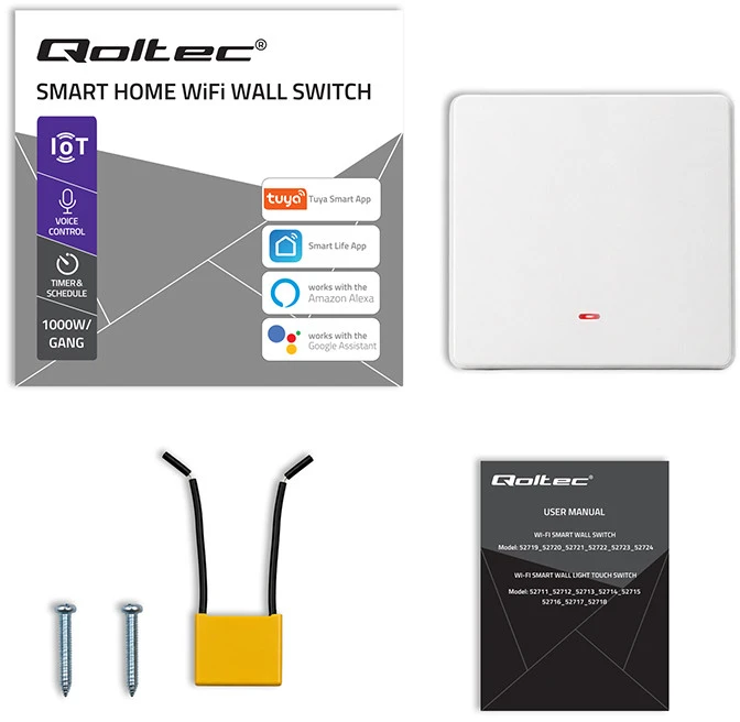 Qoltec Inteligentny 1-kanałowy jungiklis wyłacznik światła | Wi-Fi | Timer | Tuya | Smart life | Baltas