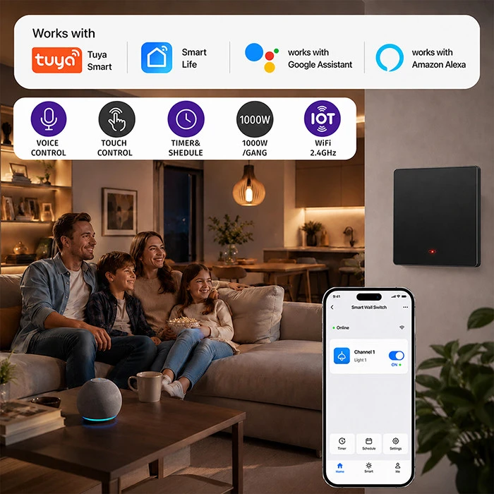 Qoltec Inteligentny 1-kanałowy jungiklis wyłącznik światła | Wi-Fi | Timer | Tuya | Smart life | Juodas