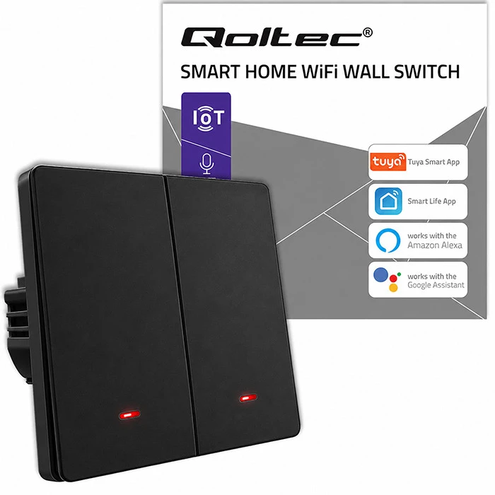 Qoltec Inteligentny 2-kanałowy jungiklis wyłącznik światła | Wi-Fi | Timer | Tuya | Smart life | Juodas