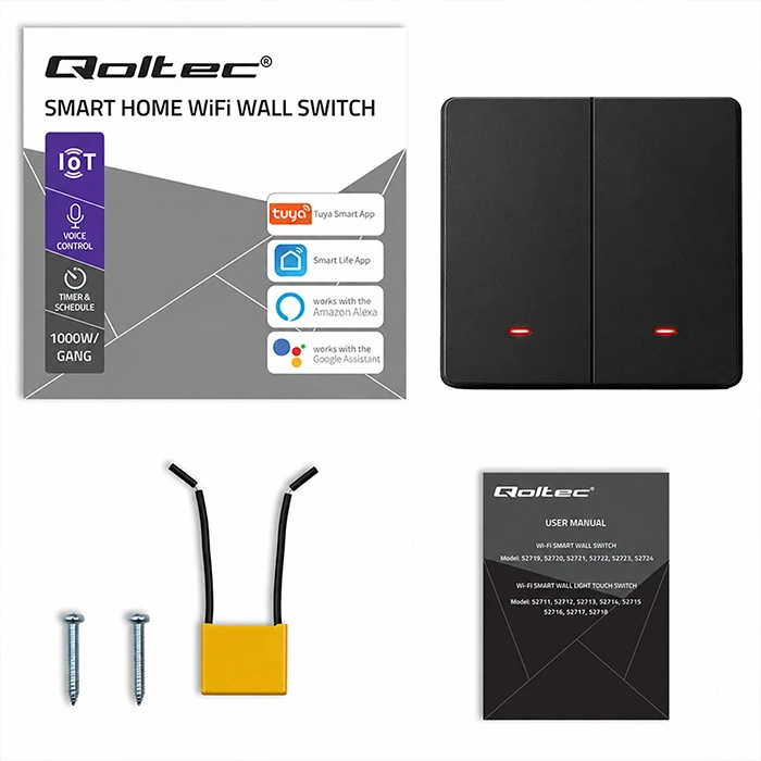 Qoltec Inteligentny 2-kanałowy jungiklis wyłącznik światła | Wi-Fi | Timer | Tuya | Smart life | Juodas