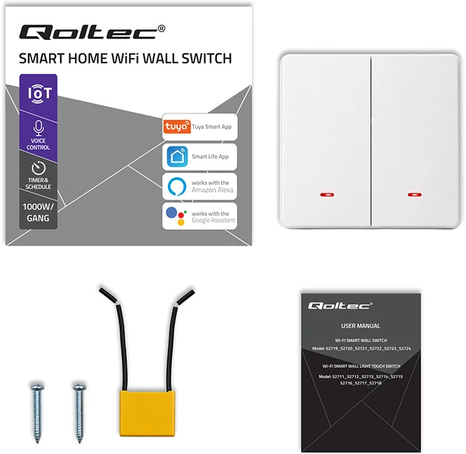 Qoltec Inteligentny 2-kanałowy jungiklis wyłacznik światła | Wi-Fi |Timer| Tuya | Smart life | Baltas