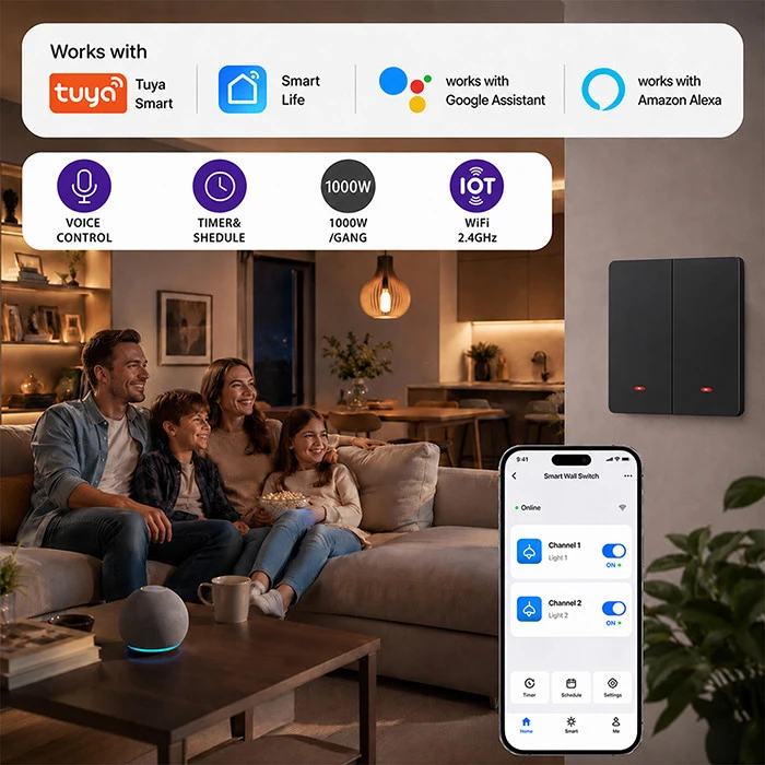 Qoltec Inteligentny 2-kanałowy jungiklis wyłącznik światła | Wi-Fi | Timer | Tuya | Smart life | Juodas