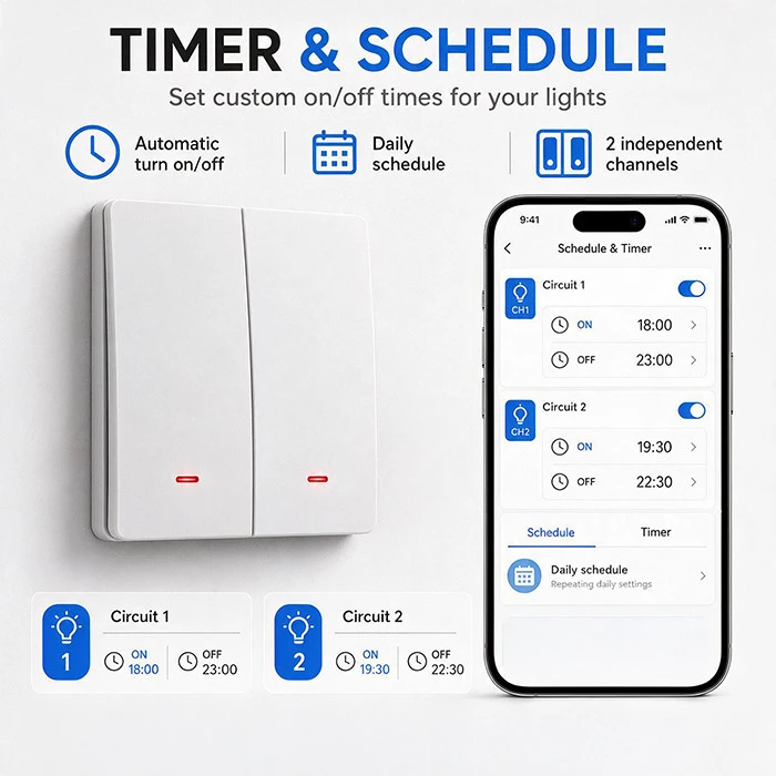 Qoltec Inteligentny 2-kanałowy jungiklis wyłacznik światła | Wi-Fi |Timer| Tuya | Smart life | Baltas