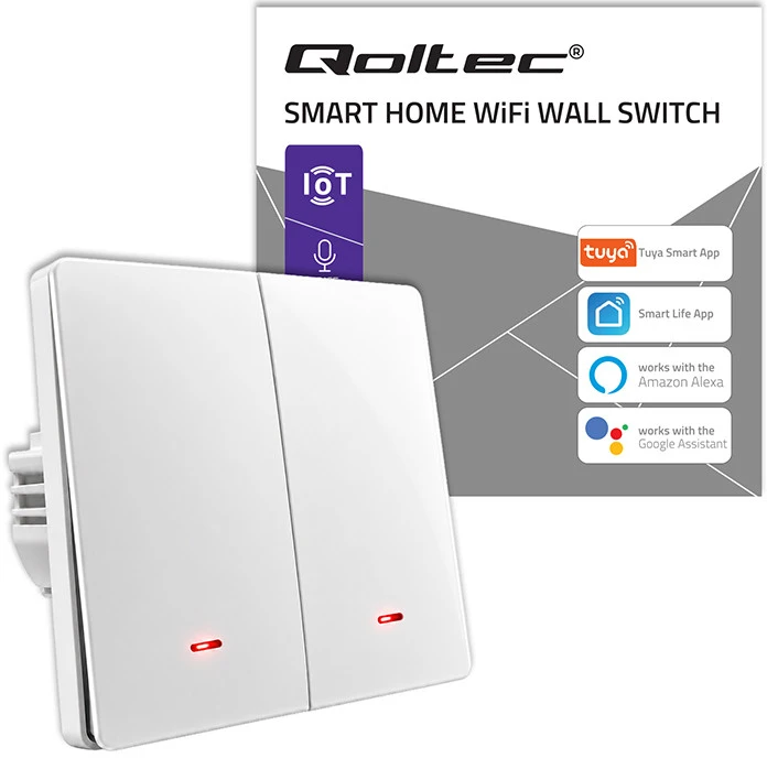 Qoltec Inteligentny 2-kanałowy jungiklis wyłacznik światła | Wi-Fi |Timer| Tuya | Smart life | Baltas