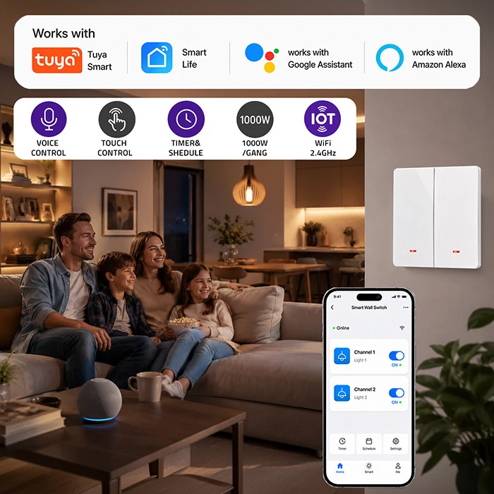 Qoltec Inteligentny 2-kanałowy jungiklis wyłacznik światła | Wi-Fi |Timer| Tuya | Smart life | Baltas