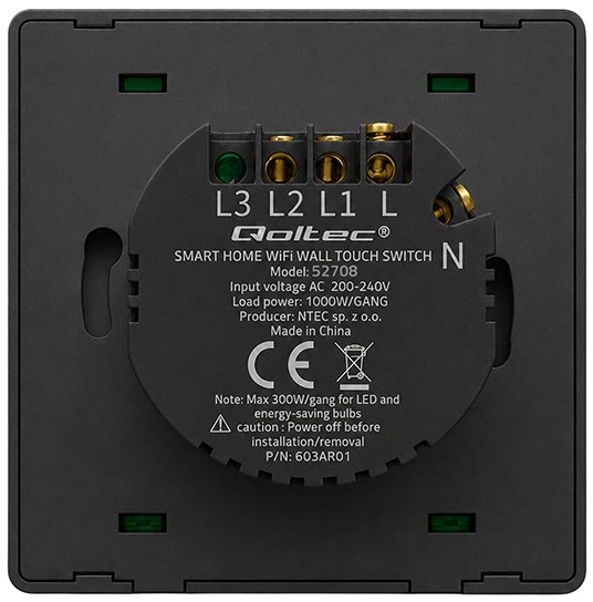 Qoltec Inteligentny 2-kanałowy jungiklis wyłącznik światła | Wi-Fi | Timer | Tuya | Smart life | Juodas