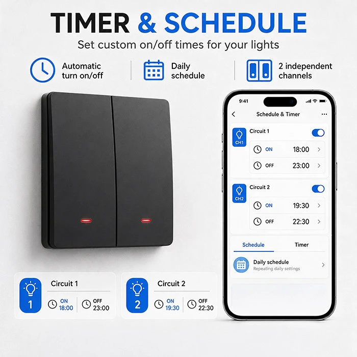Qoltec Inteligentny 2-kanałowy jungiklis wyłącznik światła | Wi-Fi | Timer | Tuya | Smart life | Juodas