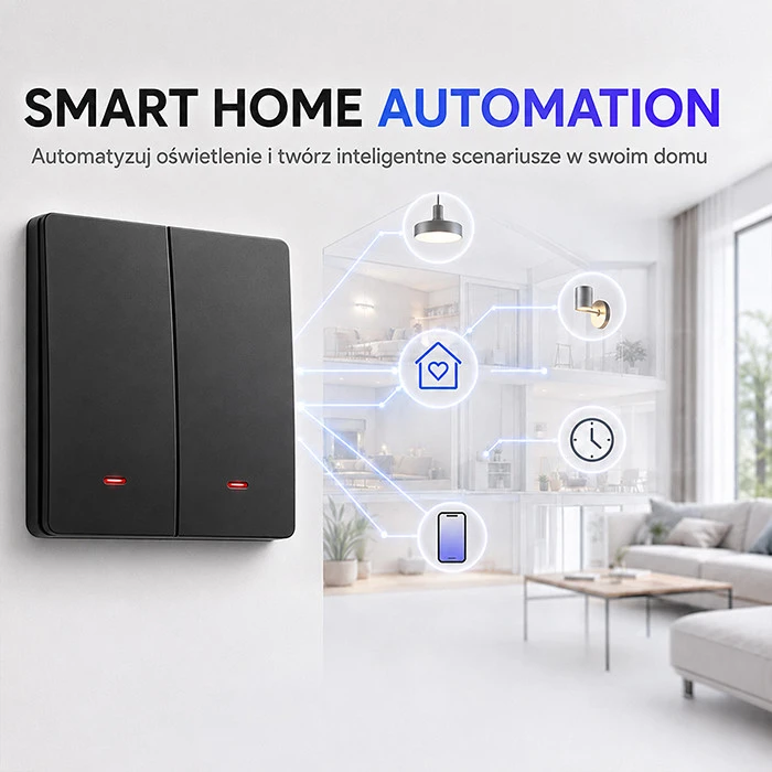 Qoltec Inteligentny 2-kanałowy jungiklis wyłącznik światła | Wi-Fi | Timer | Tuya | Smart life | Juodas