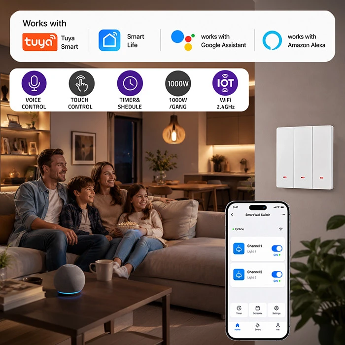 Qoltec Inteligentny 3-kanałowy jungiklis wyłacznik światła | Wi-Fi | Timer| Tuya | Smart life | Baltas