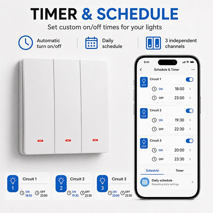 Qoltec Inteligentny 3-kanałowy jungiklis wyłacznik światła | Wi-Fi | Timer| Tuya | Smart life | Baltas