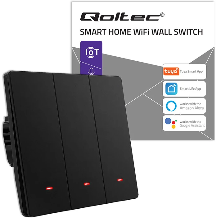 Qoltec Inteligentny 3-kanałowy jungiklis wyłącznik światła | Wi-Fi | Timer | Tuya | Smart life | Juodas