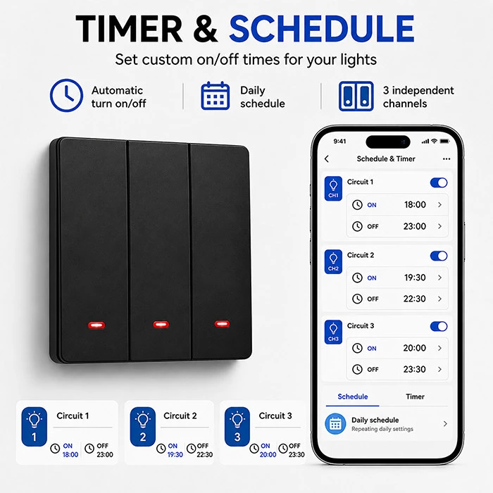 Qoltec Inteligentny 3-kanałowy jungiklis wyłącznik światła | Wi-Fi | Timer | Tuya | Smart life | Juodas