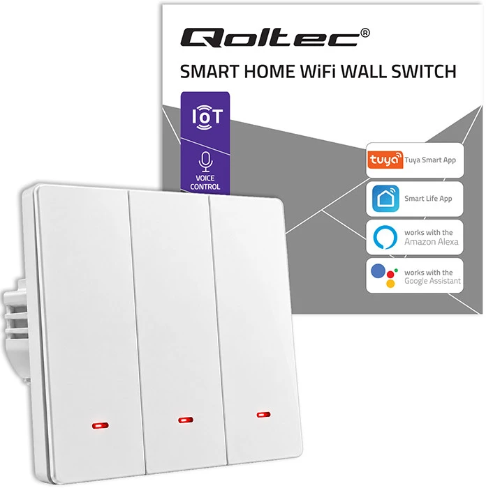 Qoltec Inteligentny 3-kanałowy jungiklis wyłacznik światła | Wi-Fi | Timer| Tuya | Smart life | Baltas