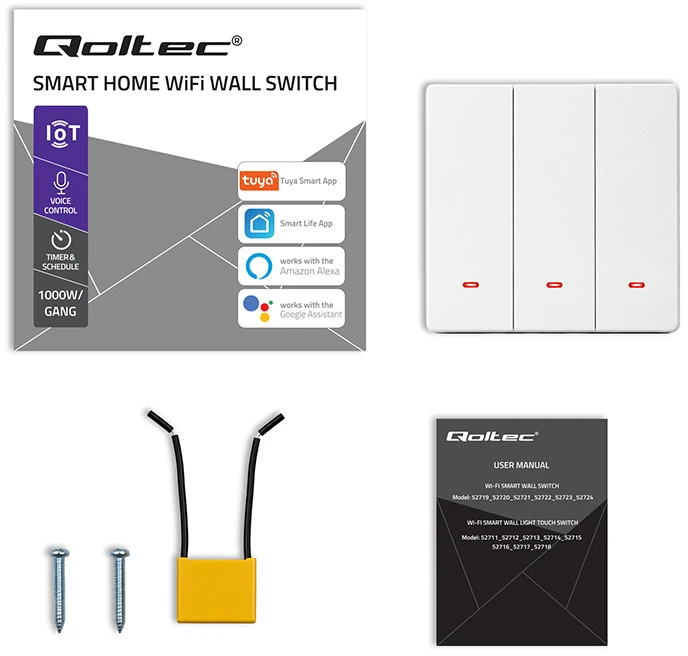 Qoltec Inteligentny 3-kanałowy jungiklis wyłacznik światła | Wi-Fi | Timer| Tuya | Smart life | Baltas