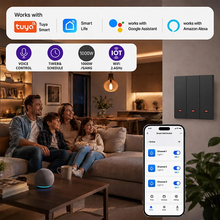Qoltec Inteligentny 3-kanałowy jungiklis wyłącznik światła | Wi-Fi | Timer | Tuya | Smart life | Juodas