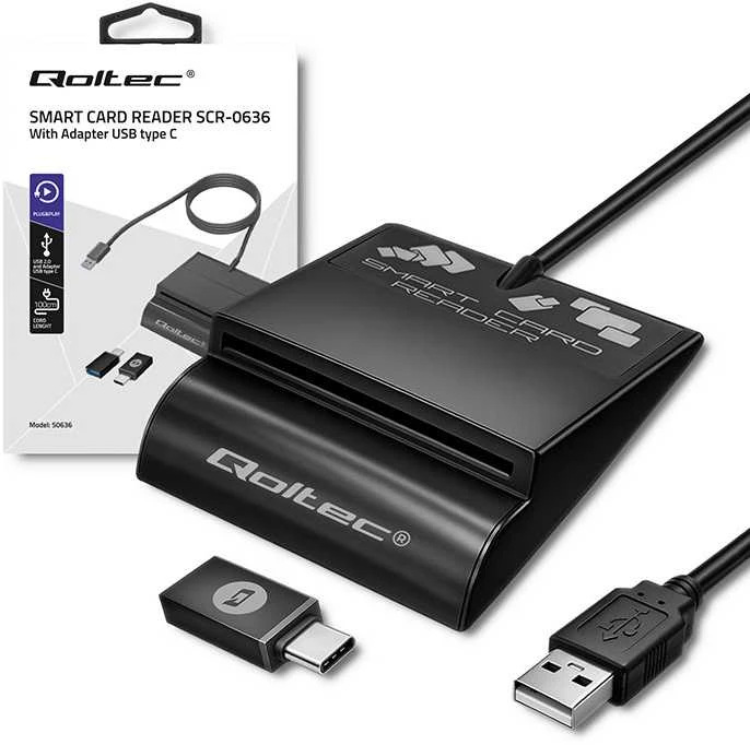 QOLTEC 50636 Intelligent Smart ID lustinių kortelių skaitytuvas SCR0636 USB tipo C