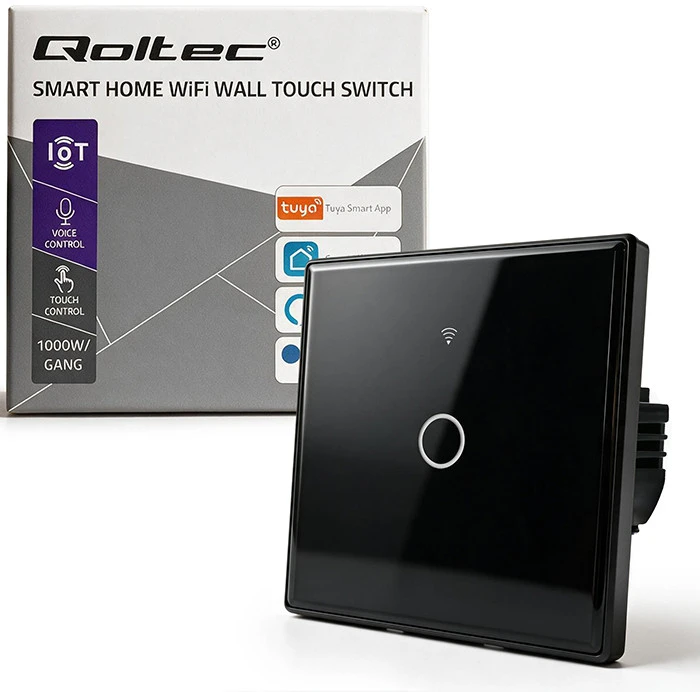 Qoltec Inteligentny dotykowy 1-kanałowy jungiklis wyłącznik światła | Wi-Fi | Timer | Tuya | Smart life | Hartowane szkło | Juodas