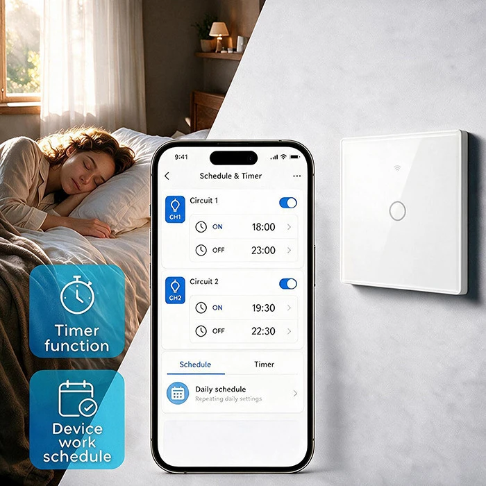 Qoltec Inteligentny dotykowy 1-kanałowy jungiklis wyłącznik światła | Wi-Fi | Timer | Tuya | Smart life | Hartowane szkło | Baltas