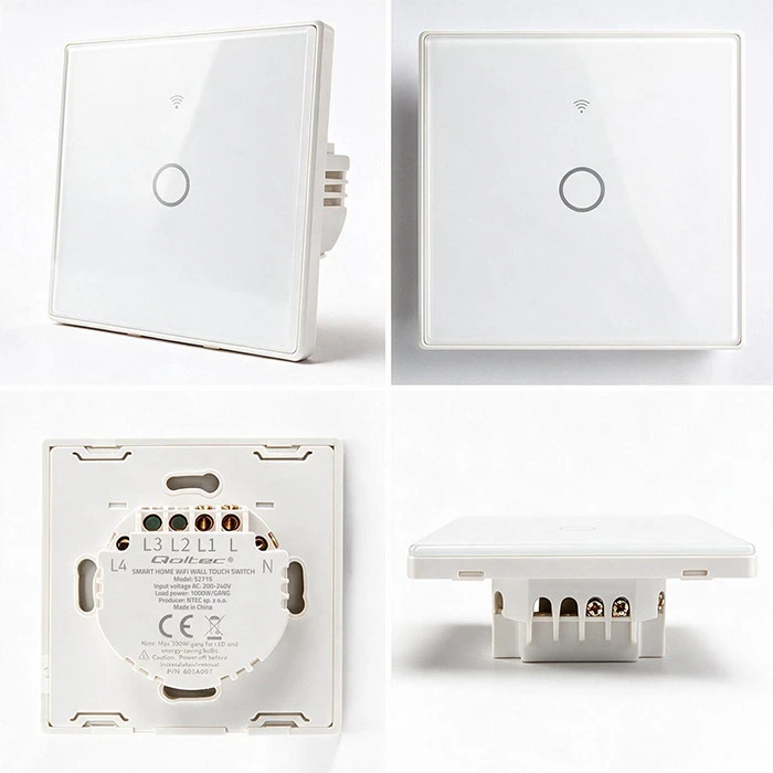 Qoltec Inteligentny dotykowy 1-kanałowy jungiklis wyłącznik światła | Wi-Fi | Timer | Tuya | Smart life | Hartowane szkło | Baltas