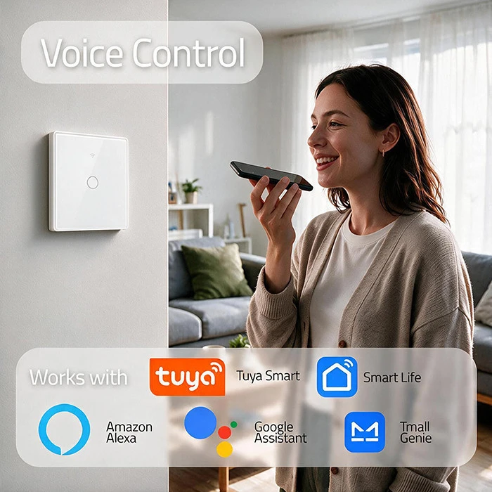 Qoltec Inteligentny dotykowy 1-kanałowy jungiklis wyłącznik światła | Wi-Fi | Timer | Tuya | Smart life | Hartowane szkło | Baltas