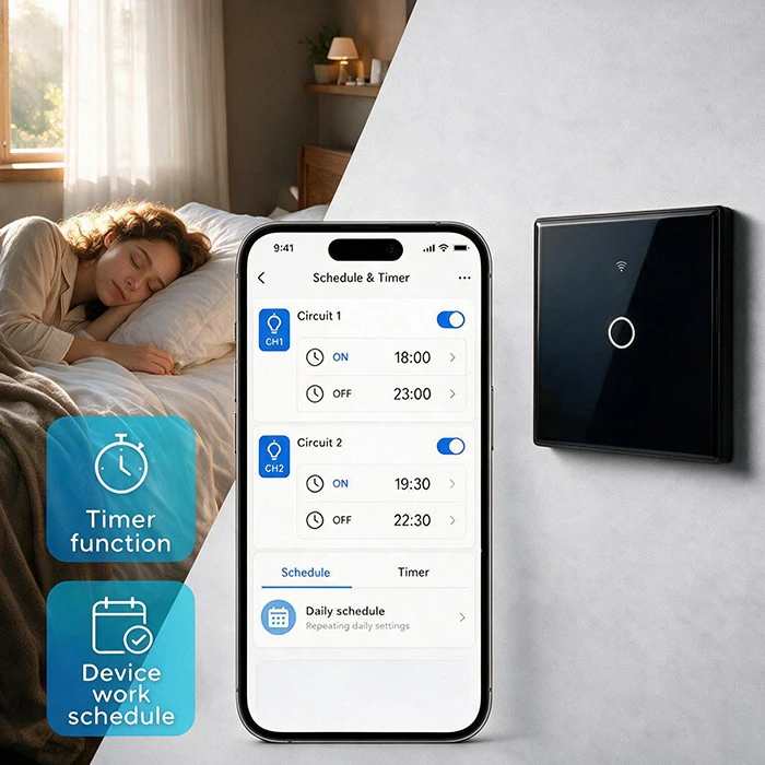 Qoltec Inteligentny dotykowy 1-kanałowy jungiklis wyłącznik światła | Wi-Fi | Timer | Tuya | Smart life | Hartowane szkło | Juodas
