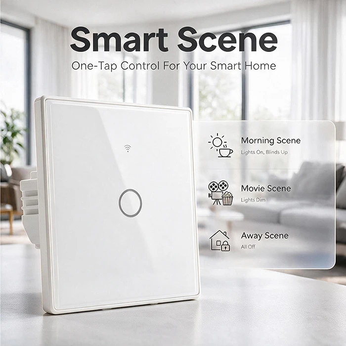 Qoltec Inteligentny dotykowy 1-kanałowy jungiklis wyłącznik światła | Wi-Fi | Timer | Tuya | Smart life | Hartowane szkło | Baltas