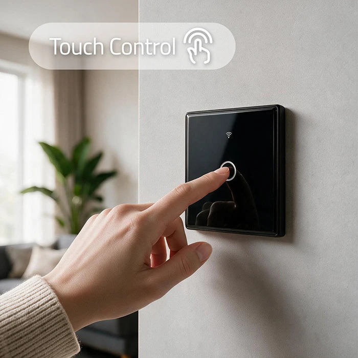 Qoltec Inteligentny dotykowy 1-kanałowy jungiklis wyłącznik światła | Wi-Fi | Timer | Tuya | Smart life | Hartowane szkło | Juodas
