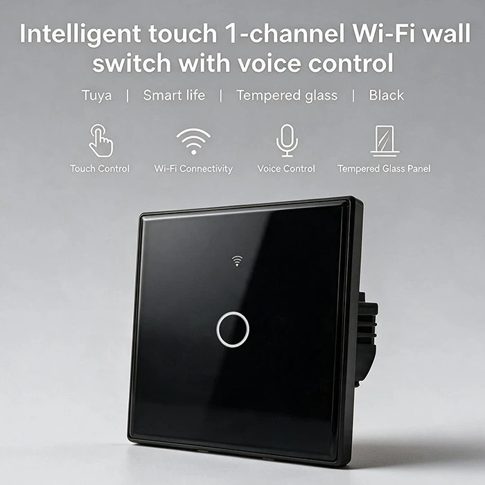 Qoltec Inteligentny dotykowy 1-kanałowy jungiklis wyłącznik światła | Wi-Fi | Timer | Tuya | Smart life | Hartowane szkło | Juodas
