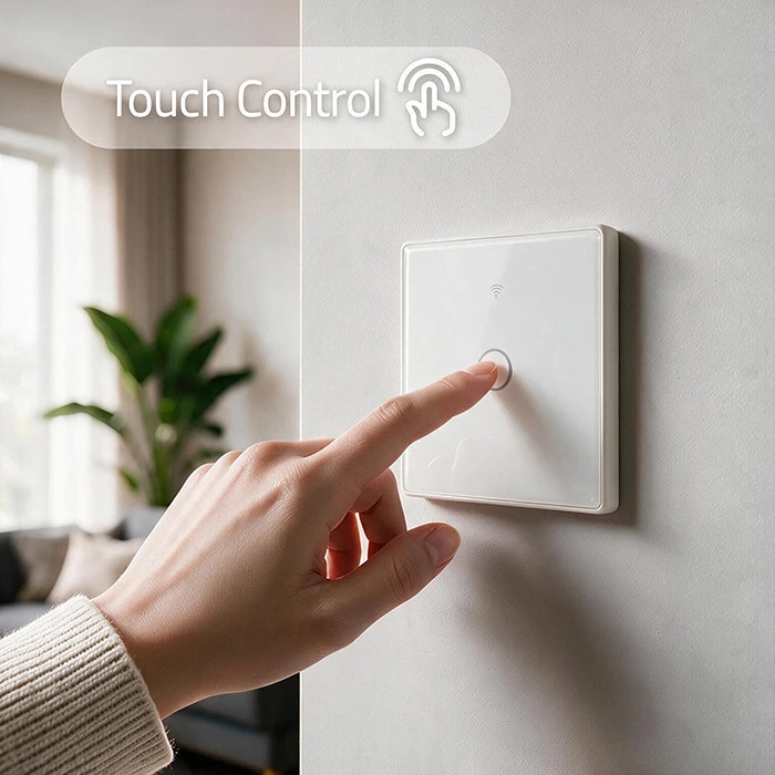 Qoltec Inteligentny dotykowy 1-kanałowy jungiklis wyłącznik światła | Wi-Fi | Timer | Tuya | Smart life | Hartowane szkło | Baltas