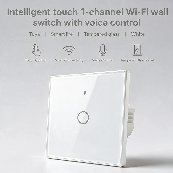 Qoltec Inteligentny dotykowy 1-kanałowy jungiklis wyłącznik światła | Wi-Fi | Timer | Tuya | Smart life | Hartowane szkło | Baltas
