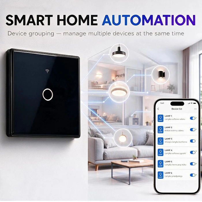Qoltec Inteligentny dotykowy 1-kanałowy jungiklis wyłącznik światła | Wi-Fi | Timer | Tuya | Smart life | Hartowane szkło | Juodas