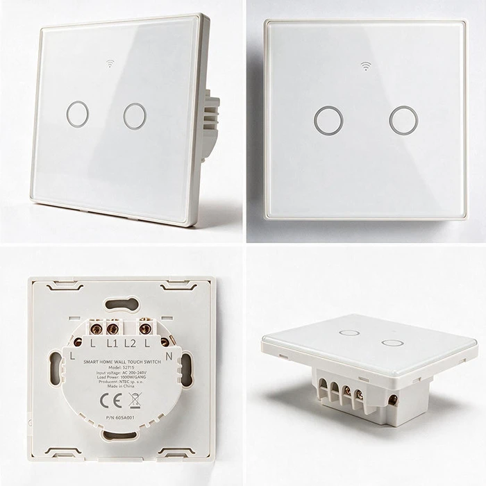 Qoltec Inteligentny dotykowy 2-kanałowy jungiklis wyłącznik światła | Wi-Fi | Timer | Tuya | Smart life | Hartowane szkło | Baltas