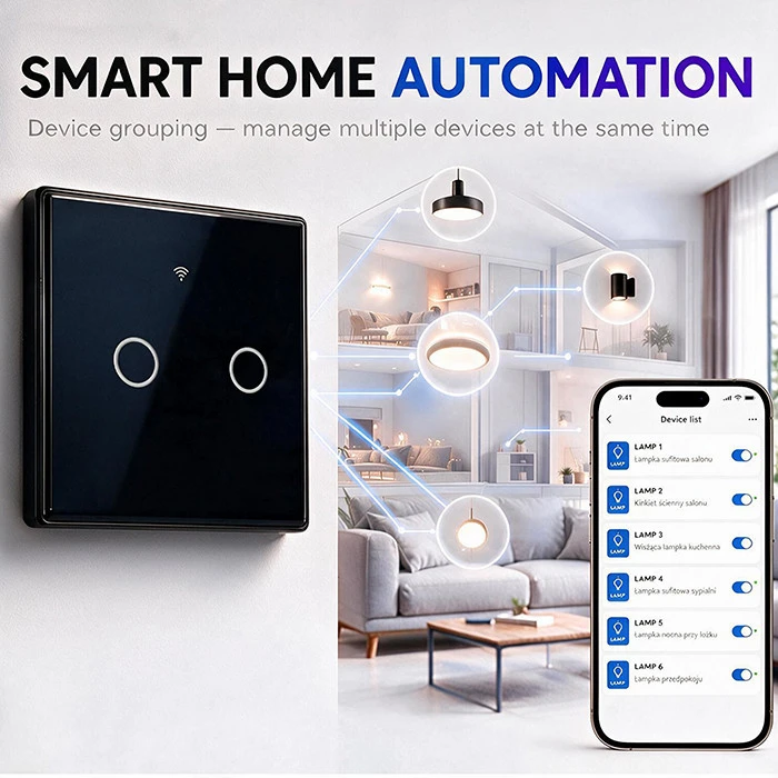 Qoltec Inteligentny dotykowy 2-kanałowy jungiklis wyłącznik światła | Wi-Fi | Timer | Tuya | Smart life | Hartowane szkło | Juodas
