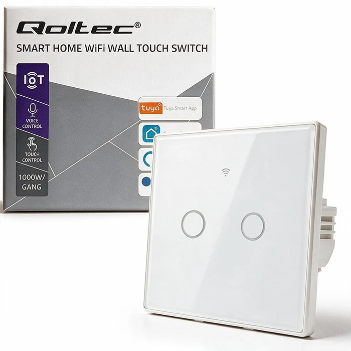 Qoltec Inteligentny dotykowy 2-kanałowy jungiklis wyłącznik światła | Wi-Fi | Timer | Tuya | Smart life | Hartowane szkło | Baltas